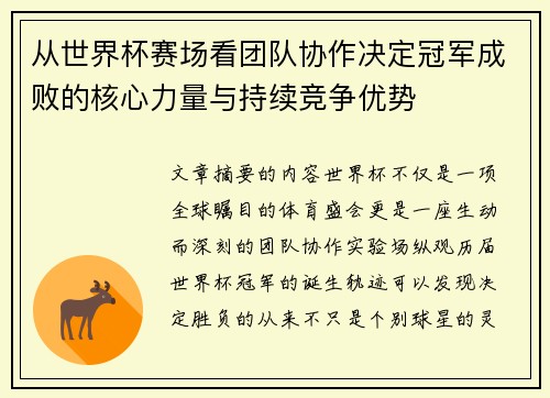 从世界杯赛场看团队协作决定冠军成败的核心力量与持续竞争优势 从世界杯赛场看团队协作决定冠军成败的核心力量与持续竞争优势